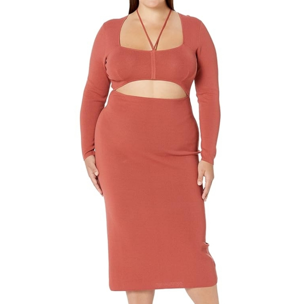 PLUS SIZE Rust Long Sleeve Halter Cutout Dress